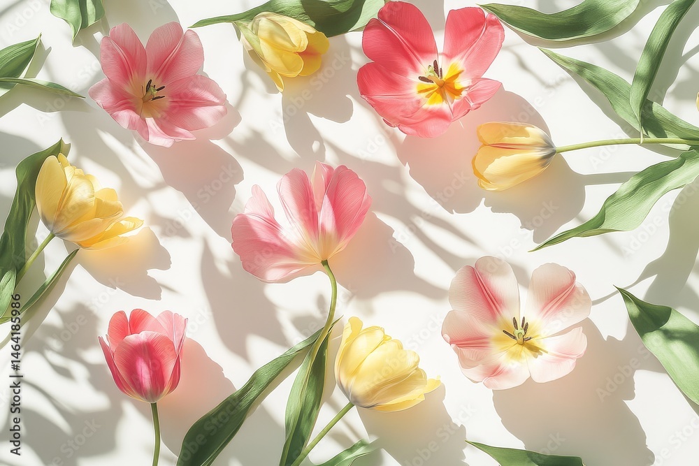 Obraz premium Vibrant pink and yellow tulips blooming in a lush garden, softly illuminated by morning light on a pristine white background.