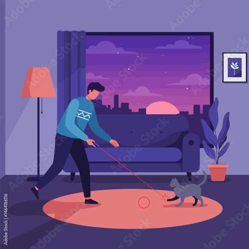 Man Playing with Cat Using Laser Pointer in Apartment at Night