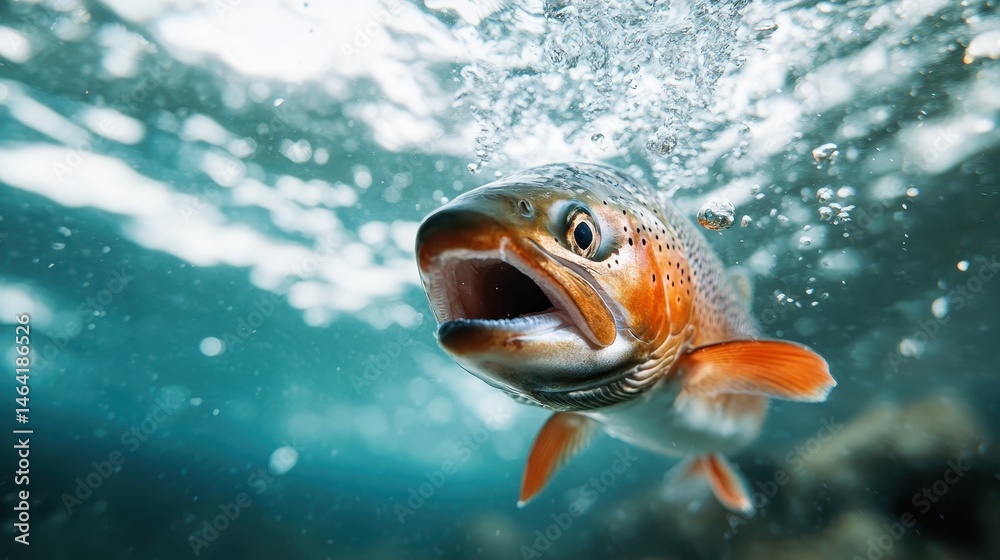 Naklejka premium A dynamic underwater scene features a thrilling brown trout swimming upwards, surrounded by bubbles, capturing the beauty and wonder of aquatic life.