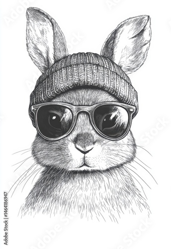 Stylish Rabbit in Sunglasses and Knit Cap with Artistic Illustration