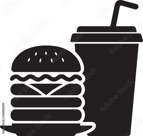 Minimalist black silhouette of a detailed burger showing patties and cheese, paired with a drink cup._traced