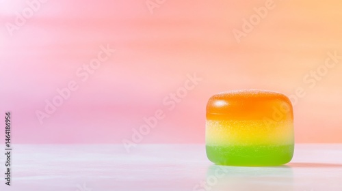 Colorful Jelly and Sorbet Dessert Hybrid in Bright Orange, Yellow, and Green Against Pastel Background