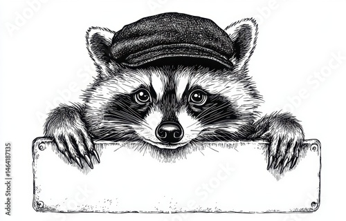 Charming Raccoon Wearing Cap with Blank Sign for Custom Text