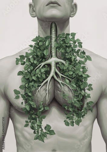 Human Body with Lungs and Green Plants for Environmental Concept
