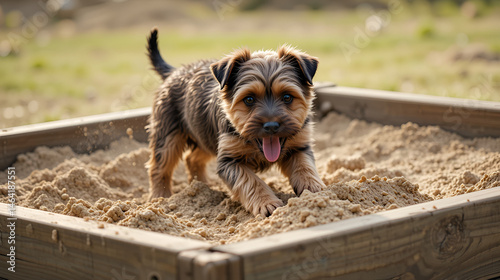 Border Terrier Dog Energetically Digging In A Sandbox - Playful Terrier Pup Having Fun
