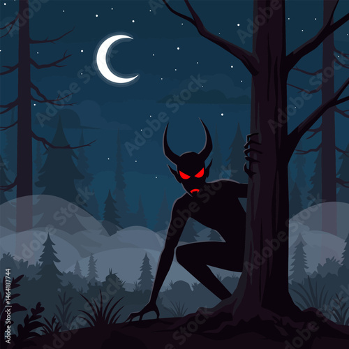 Creepy Forest Creature at Night Hiding Behind Tree Cartoon Illustration