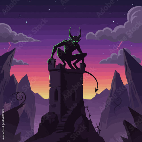 Creature on Tower Watches Over the Mountainous Dark and Spooky Landscape