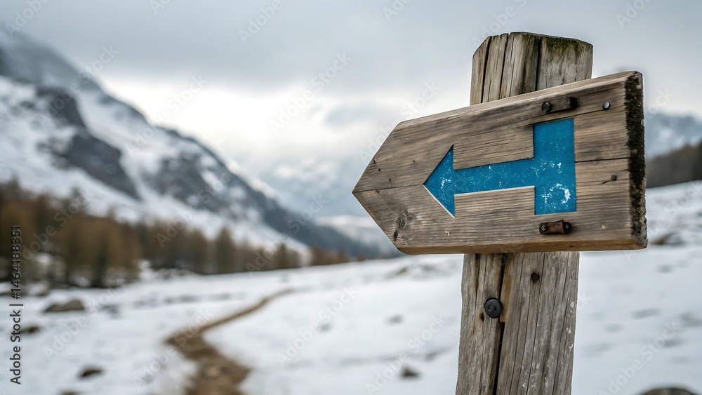Naklejka premium Wooden Hiking Trail Signpost Arrow Winter Mountains Snowy Path