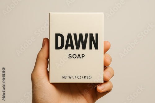 Hand holding minimalist beige soap box with bold black text on neutral background, close-up product packaging mockup