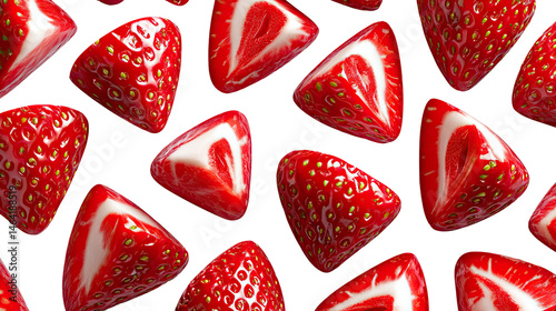 Strawberry Delight: A vibrant close-up of cut strawberries displays their succulent, fresh red flesh against a complementary backdrop, evoking a sense of freshness and the taste of summer.