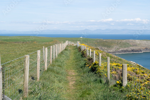 Welsh coastal path with fence posts above Porth Ceiriad looking towards Trwyn-yr-Wylfa, Lleyn Peninsular, Wales, UK.