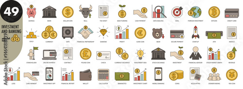 Investment and banking - thin line icons set, colorful fill. Banking, payment, investment, currency, revenue, crypto, stock exchange, bank, profit, funding, money, gold, diamonds, vector illustration