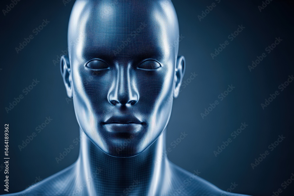 Realistic digital human head model displaying a sleek wireframe structure emphasizing technology and innovation in the realm of artificial intelligence and computer-generated imagery Realistic digital human head model displaying a sleek wireframe structure emphasizing technology and innovation in the realm of artificial intelligence and computer-generated imagery