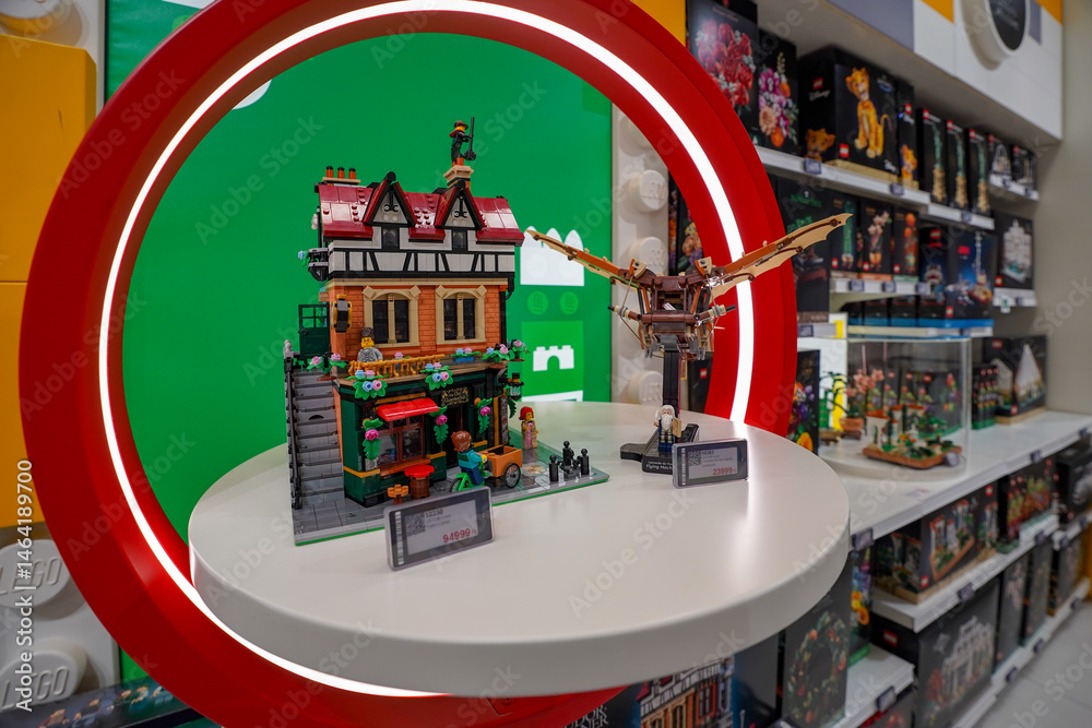 Naklejka premium Budapest, Hungary , 04 04 2025 : Lego store and collections on display