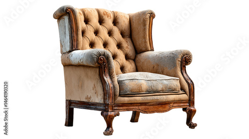 Vintage Wingback Armchair: A classic brown wingback armchair, featuring tufted upholstery, ornate wooden accents, and curved armrests, stands isolated against a clean background.