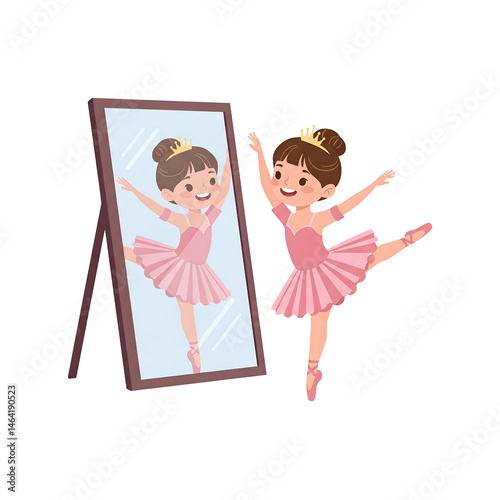 Little Ballerina Girl in Pink Tutu Practicing Dance in Front of a Mirror