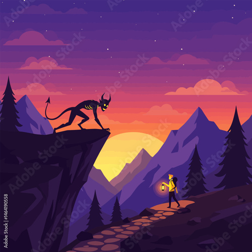 Hiking During Sunset Encountering a Spooky Monster Figure on Cliff