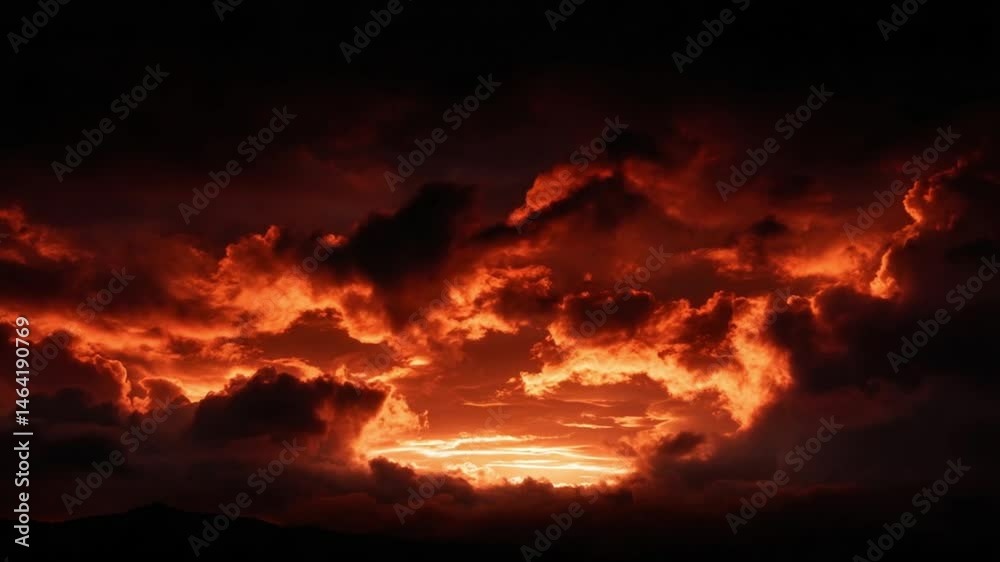 Dramatic sunset with vibrant orange and red clouds illuminating the dark sky