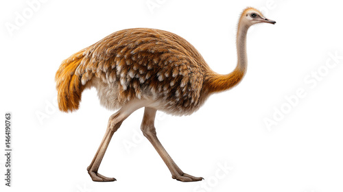 Rhea in Profile: A majestic rhea, a large flightless bird native to South America, showcases its unique plumage and powerful legs as it strides confidently forward in profile.