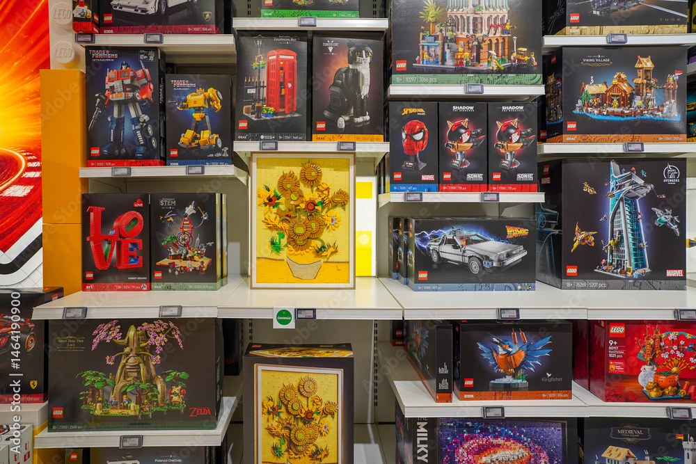 Naklejka premium Budapest, Hungary , 04 04 2025 : Lego store and collections on display