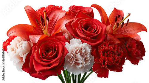 Fiery Floral Fantasy: A stunning bouquet of vibrant red lilies, roses, and carnations is a stunning blend of nature's finest, representing beauty and passion.