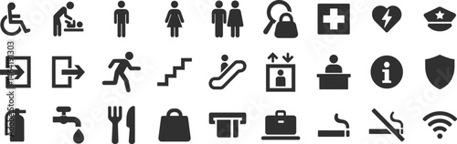 Public space wayfinding glyph icon set. Vector pictograms of navigation, emergency, escalator, elevator, stairs, info desk, extinguisher, food court, black sign silhouette illustration.