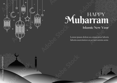 Happy Muharram Islamic New Year greeting card with Islamic ornament lantern and mosque illustration on grey background