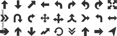 Arrows glyph icon set. Vector pictograms of direction, move, pointer, rotate, turn, return, expand, merge, diverge, black sign silhouette illustration.