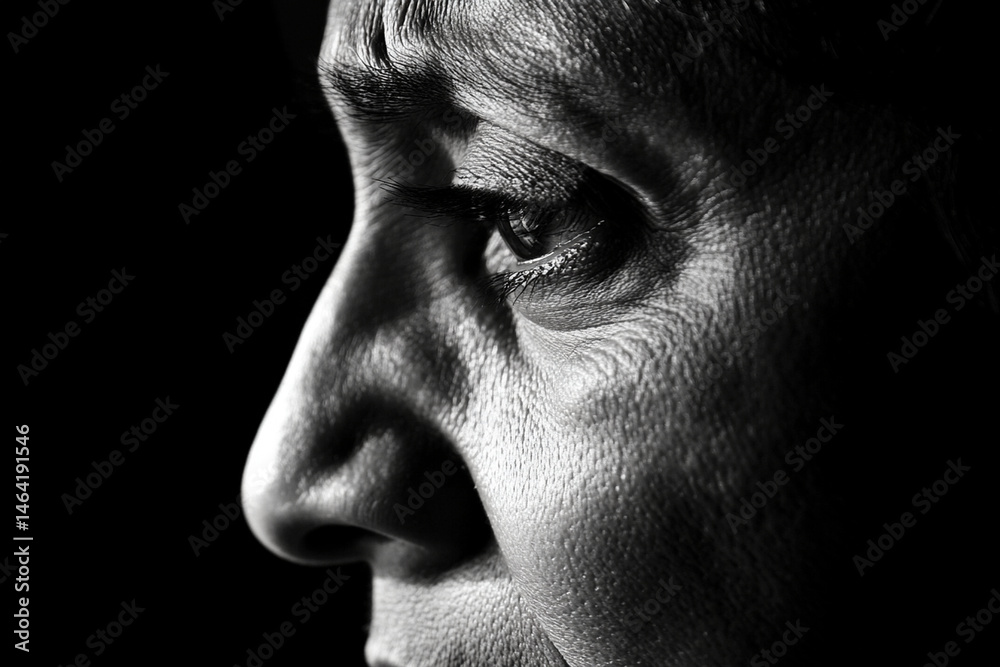 Obraz premium Woman in deep emotion, tears falling softly as a single light casts shadows on her face in an intimate setting