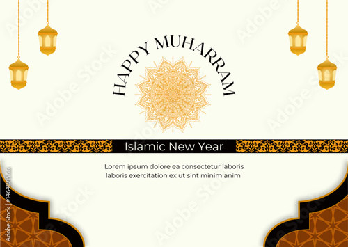 Happy Muharram Islamic New Year greeting card with Islamic ornament pattern, lantern and mandala illustration on dark light background