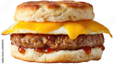 Savory Breakfast Biscuit: A mouthwatering close-up shot of a breakfast biscuit sandwich featuring a juicy sausage patty, a fried egg, and melted cheddar cheese.