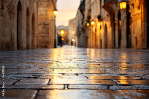 Mysterious dark alley illuminated by a solitary street lamp at dusk