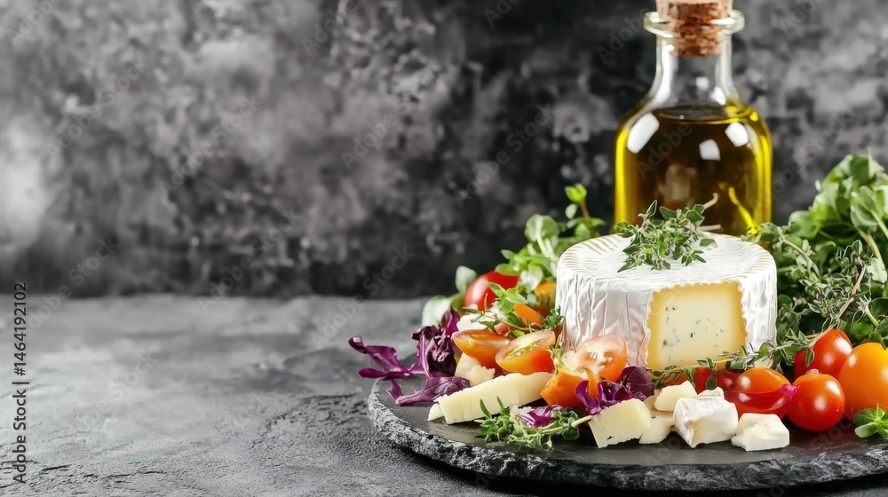 Exquisite Appetizers Display: A stunning presentation of culinary delights, showcasing a selection of gourmet cheeses, vibrant tomatoes, fresh herbs, and a bottle of premium olive oil.