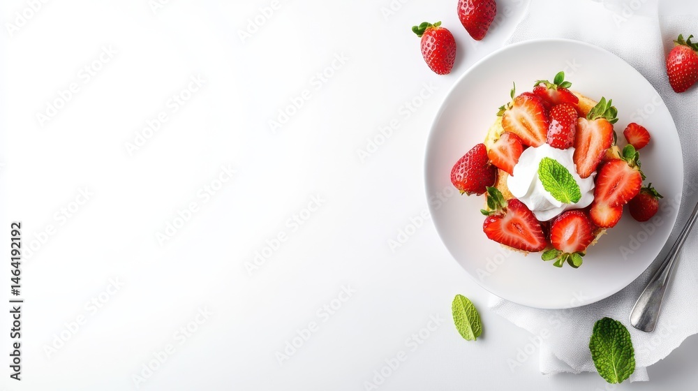 Strawberry Delight: An overhead perspective captures a delectable strawberry tart, beautifully arranged on a pristine white plate, embodying the essence of culinary artistry and fresh flavors.