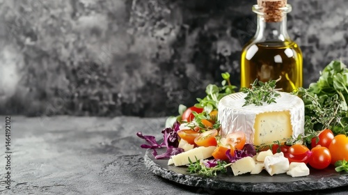 Obraz na płótnie Exquisite Appetizers Display: A stunning presentation of culinary delights, showcasing a selection of gourmet cheeses, vibrant tomatoes, fresh herbs, and a bottle of premium olive oil. w salonie