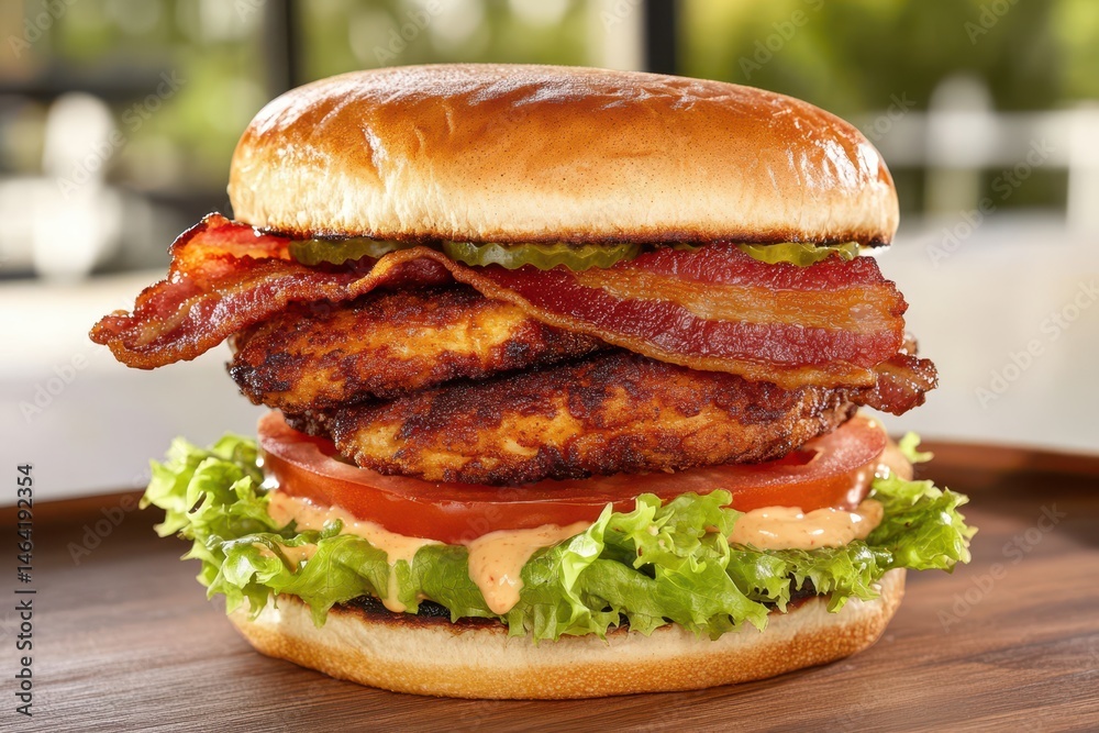 Delicious Gourmet Burger: A mouthwatering shot of a gourmet burger with multiple layers of savory ingredients. It showcases the art of culinary delight.