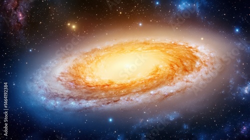 Obraz na płótnie Celestial Tapestry: A breathtaking cosmic panorama unfolds, displaying a radiant spiral galaxy with swirling arms of stars, dust, and gas, a testament to the universe's grandeur. w salonie