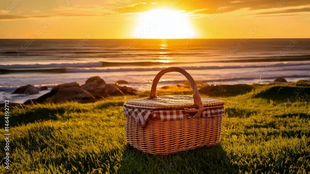 Picnic basket on green grass by ocean at sunset, outdoor nature summer relaxation scene, tranquil peaceful travel moments