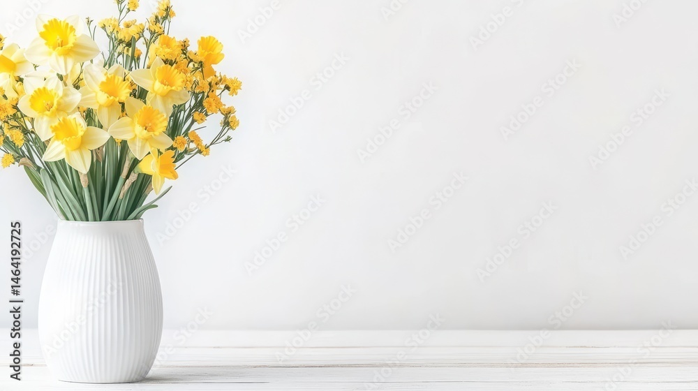 Daffodils in White Vase: A simple yet elegant bouquet of bright yellow daffodils in a pristine white vase sits on a table, creating a cheerful and serene atmosphere.