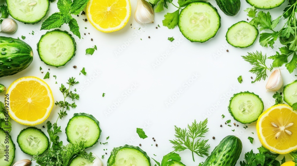 Fresh Ingredients: An appetizing assortment of sliced cucumbers, juicy lemon wedges, verdant herbs, and delicate garlic cloves artfully arranged, creating a vibrant display of nature's bounty.
