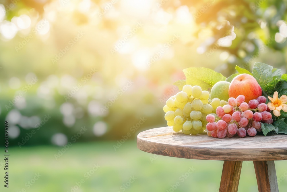 Sunlit Fruit Still Life: A vibrant arrangement of grapes, apple, and other fresh fruits rests on a rustic wooden table, bathed in the warm, golden light of the setting sun in a garden.