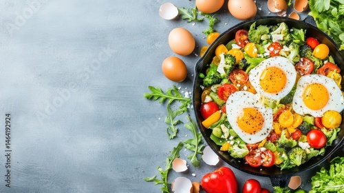 Breakfast Delight: A vibrant culinary composition of perfectly fried eggs alongside a colorful medley of fresh vegetables and greens, arranged with a touch of artistic flair.