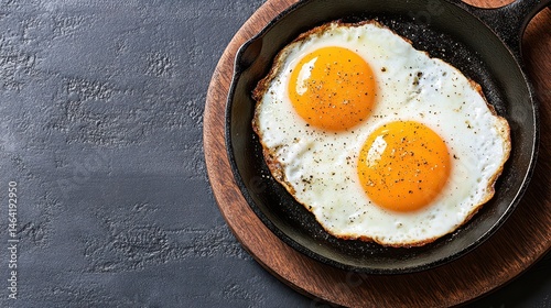 Obraz na płótnie Golden Eggs on Iron: A close-up view of two perfectly cooked, sunny-side-up eggs in a rustic cast iron skillet, capturing the appetizing details of the yolk and whites. w salonie