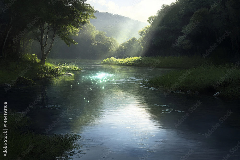 Fototapeta premium Mysterious glowing will-o-the-wisp illuminating a dark forest river at twilight