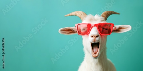 Fototapeta Naklejka Na Ścianę i Meble -  Funny animal photography - Close-up of cute screaming goat with open mouth and sunglasses, isolated on blue background