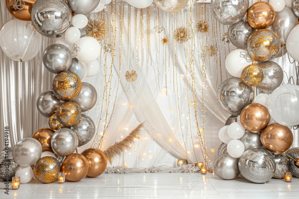 Obraz premium Elegant party backdrop with silver and gold balloons and decor
