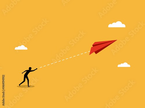 Starting a new business. Businessman playing origami paper plane flying up in the sky