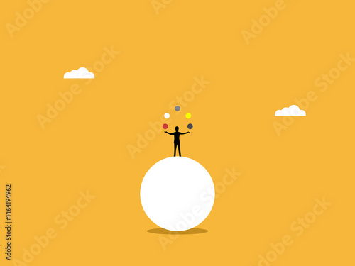 Multitasking, Businessman tossing a ball while balancing on a large ball