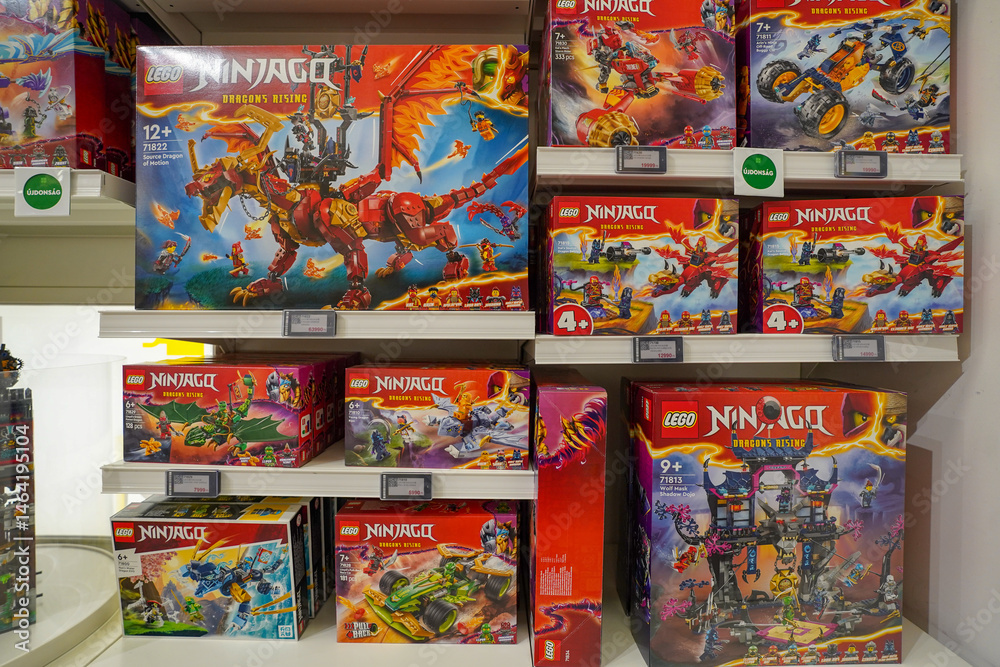 Naklejka premium Budapest, Hungary , 04 04 2025 : Lego store and collections on display