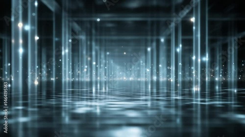 Futuristic abstract scene with illuminated columns reflecting on a tranquil surface